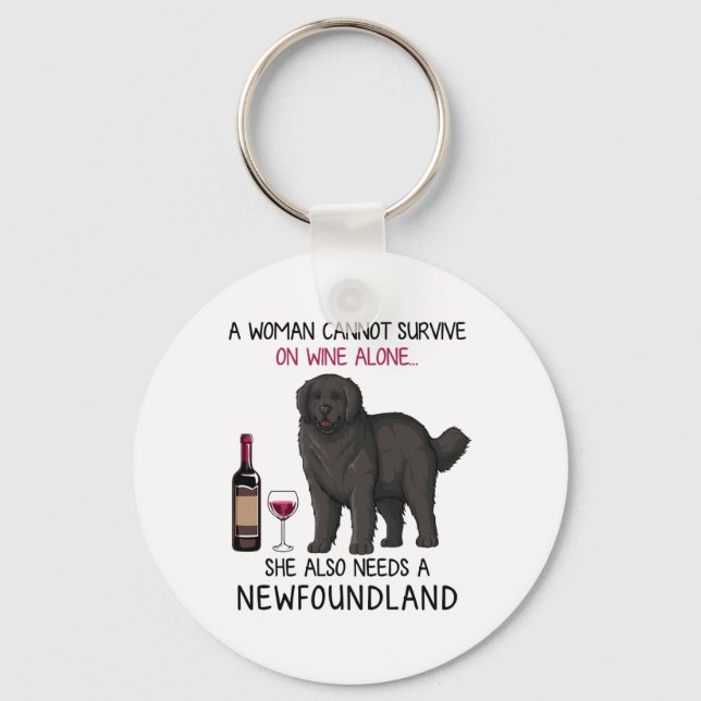 Newfoundland och vin Rolig hund Nyckelring (Framsida)