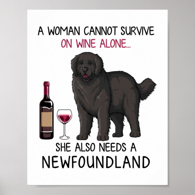 Newfoundland och vin Rolig hund Poster (Framsidan)