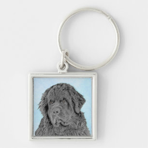Newfoundland Painting - Cute Original Hund Art Fyrkantig Silverfärgad Nyckelring