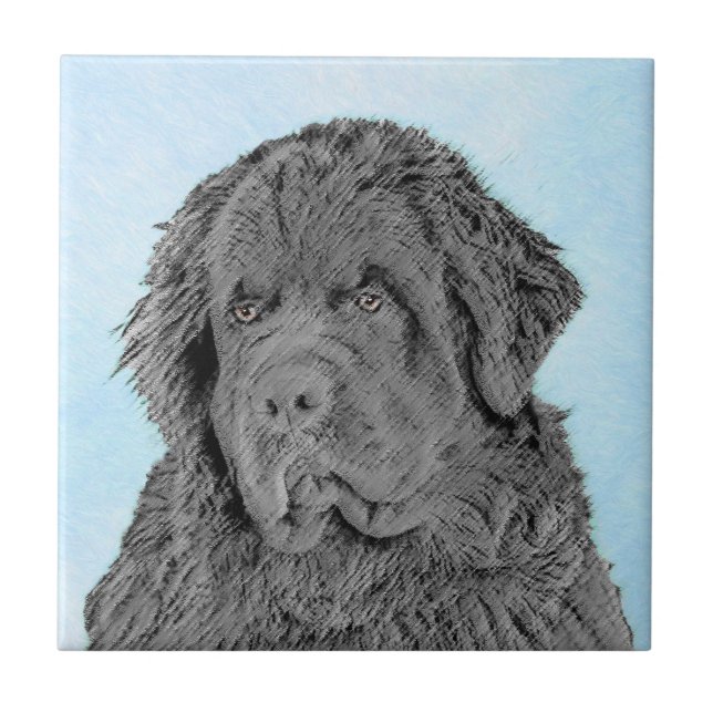 Newfoundland Painting - Cute Original Hund Art Kakelplatta (Framsidan)