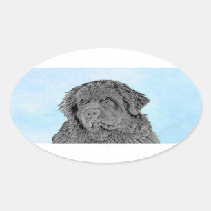 Newfoundland Painting - Cute Original Hund Art Ovalt Klistermärke