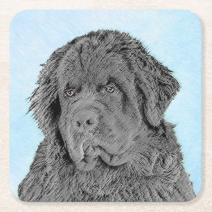 Newfoundland Painting - Cute Original Hund Art Underlägg Papper Kvadrat