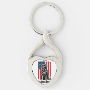 Newfoundland Pappa Patriotisk Hund Vintage Twisted Heart Silverfärgad Nyckelring