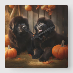 Newfoundland Puppy Autumn Delight Pumpkin Fyrkantig Klocka