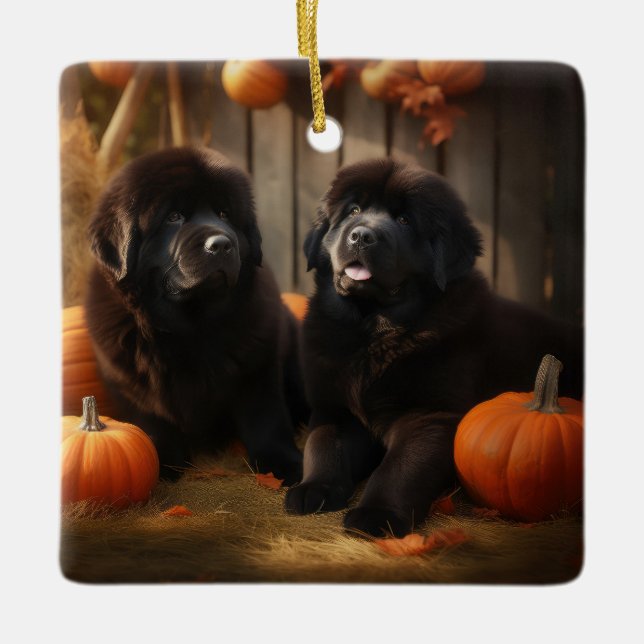 Newfoundland Puppy Autumn Delight Pumpkin Julgransprydnad Keramik (Framsida)