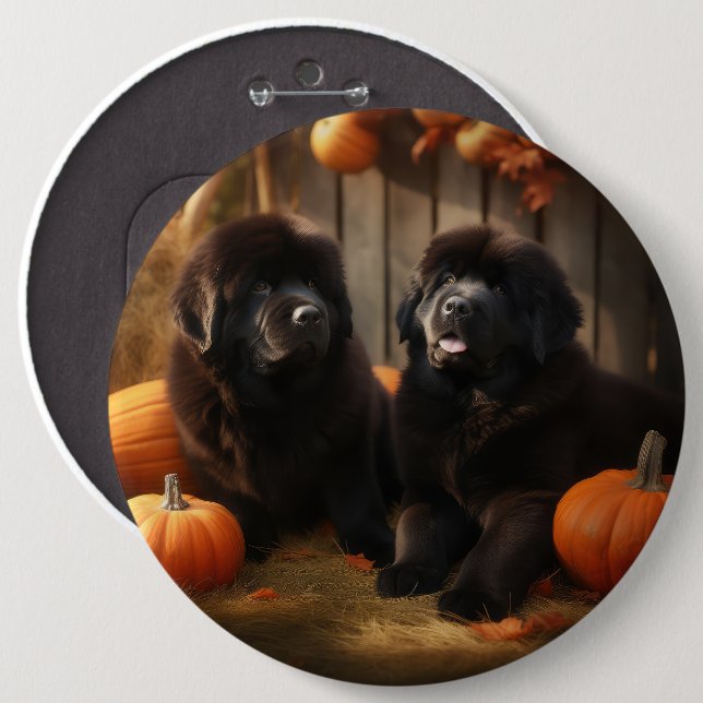 Newfoundland Puppy Autumn Delight Pumpkin Knapp (Framsida & baksida)