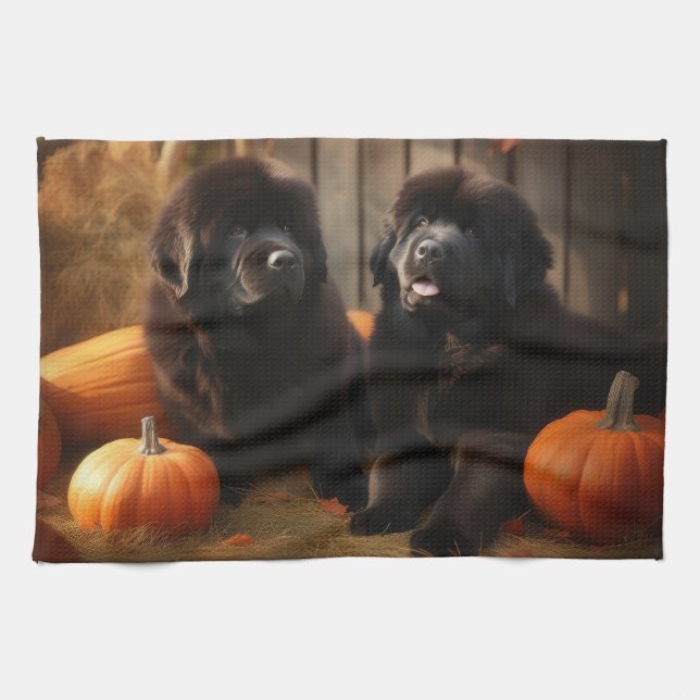 Newfoundland Puppy Autumn Delight Pumpkin Kökshandduk (Horisontell)
