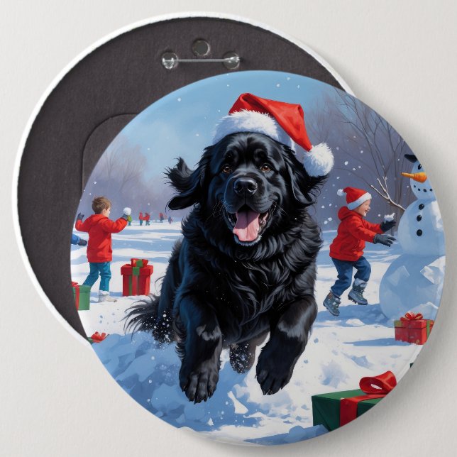 Newfoundland springar i snö med julhatt knapp (Framsida & baksida)