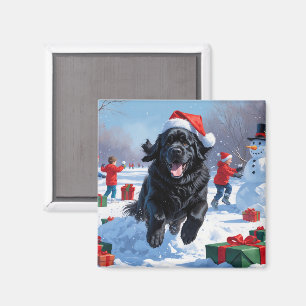 Newfoundland springar i snö med julhatt magnet