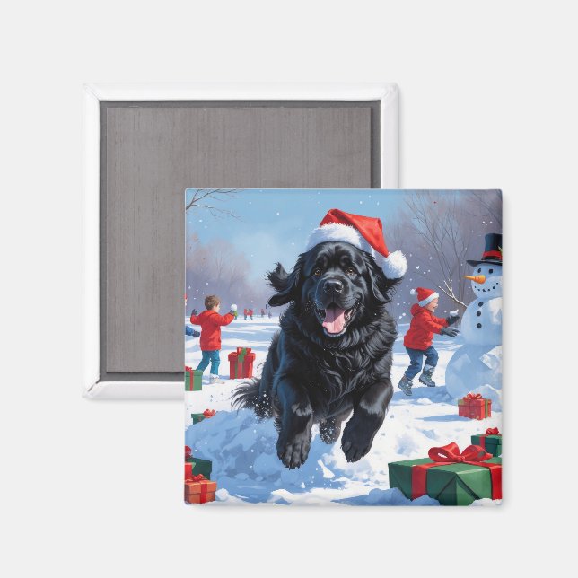 Newfoundland springar i snö med julhatt magnet (Front/Back)