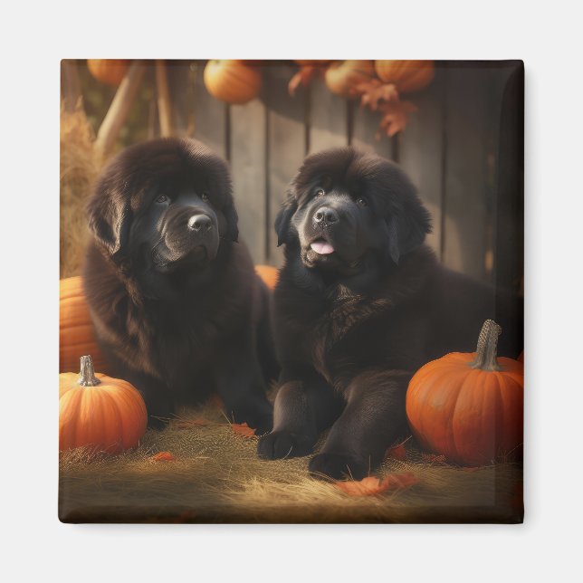 Newfoundland Valp Höstglädje Pumpa Magnet (Framsidan)