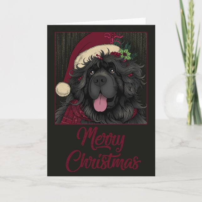 Newfoundland Valp Hund Santa Hatt Merry Christmas Helgkort (Framsida)