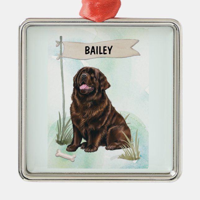 Newfoundland Watercolor Personalized Dog Julgransprydnad Metall (Framsidan)