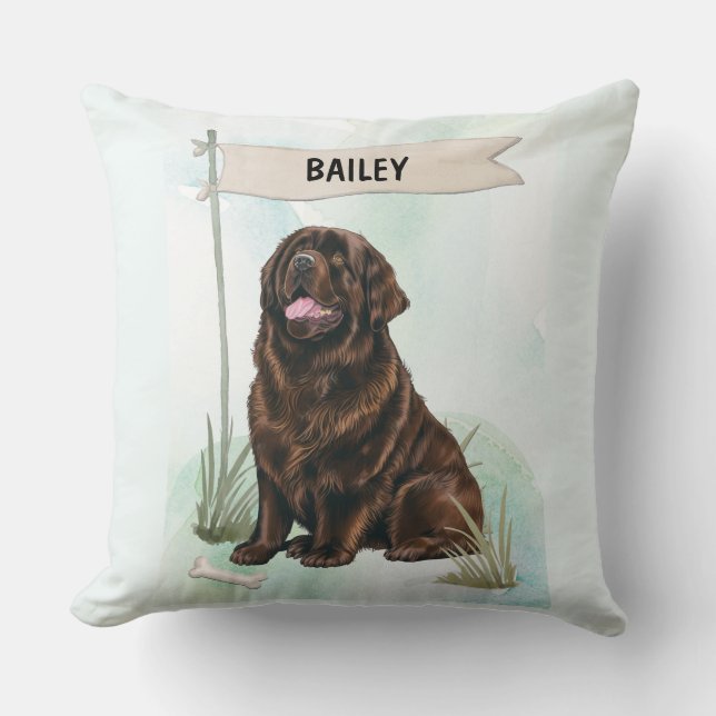 Newfoundland Watercolor Personalized Dog Kudde (Framsida)