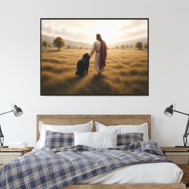 Newfoundlandshund som går med Jesus Canvastryck (Insitu (sovrum))