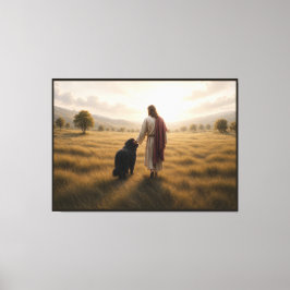 Newfoundlandshund som går med Jesus Canvastryck