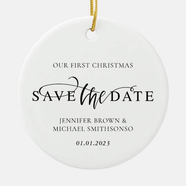 Newly Weds Photo First Christmas Save the Date Julgransprydnad Keramik (Framsidan)