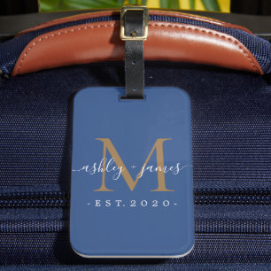 Newlyed Guld Monogram Namn Classic Blue Bagagebricka