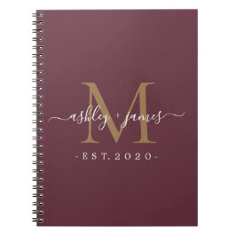 Newlyed Monogram Namn År Guld Burgundy Anteckningsbok