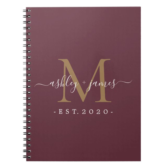 Newlyed Monogram Namn År Guld Burgundy Anteckningsbok (Framsidan)