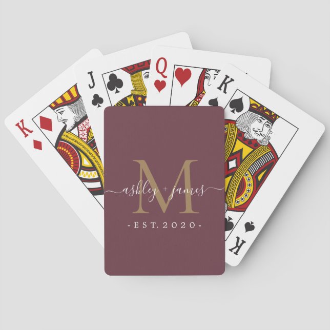 Newlyed Monogram Namn År Guld Burgundy Casinokort (Baksidan)