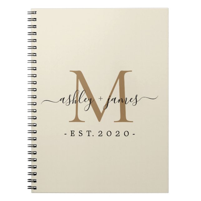 Newlyed Monogram Namn Year Guld Ivory Anteckningsbok (Framsidan)