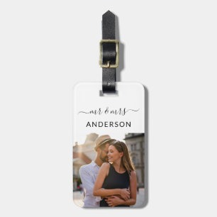 Newlyed Mr. och Mrs. Script och Photo for Honeymoo Bagagebricka