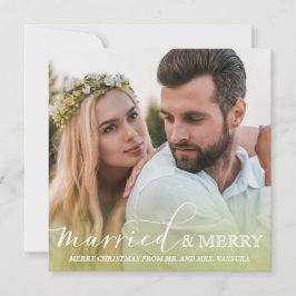 Newlyed Photo Married and Merry Grönt Ombre Julkort