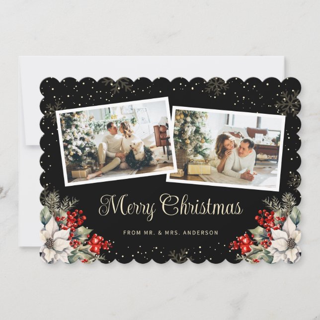 Newlywed 2 Photo Botanical Black Merry Christmas Julkort (Framsida)