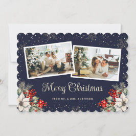 Newlywed 2 Photo Botanical Blue Merry Christmas Julkort