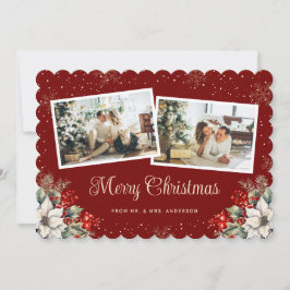Newlywed 2 Photo Botanical Red Merry Christmas Julkort