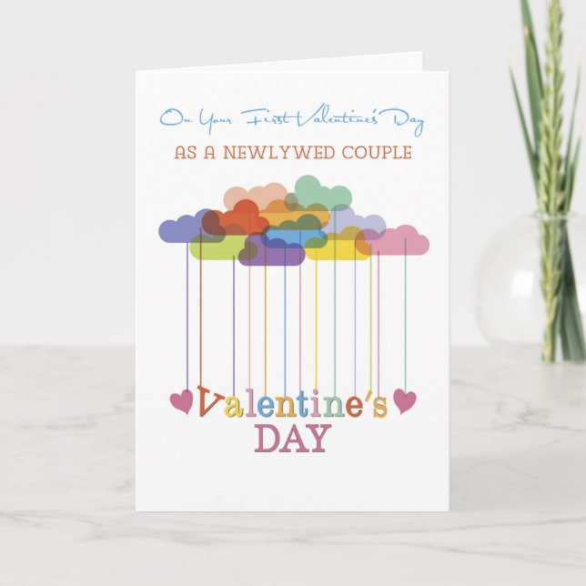 Newlywed Couple Valentine Rainbow Clouds Hearts Helgkort (Framsida)