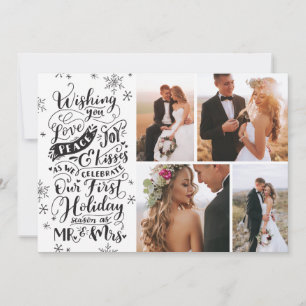 Newlywed Holiday Hand-Drawn Black 4-Photo Julkort
