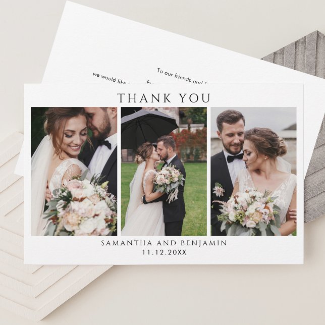 Newlyweds 3 Photo Bröllop Tack Brevpapper (Elegant Wedding 3 Photos Thank You Horizontal Card)