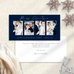Newlyweds 4 Photos Navy God jul Julkort<br><div class="desc">Newlyweds 4 foton White Script Navy Blue God jul. Tillgänglig digitalt och utskriven. Modern och minimalistisk,  med ett skript för snyggten för God jul. Byt ut provexemplet bilder mot dina egna bröllop-favoriter och anpassa resten av orden på vardera sidan efter behov.</div>