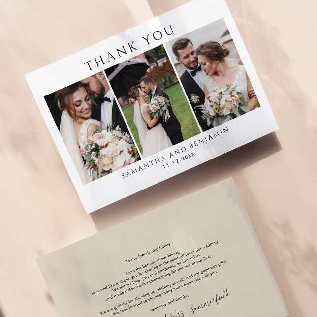 Newlyweds Bröllop Photo Collage Tack Anteckningskort (Wedding Day Photo Collage Thank You Card)