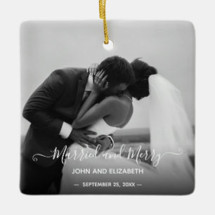 Newlyweds Couple First 2 Photo Mr. och Simple Julgransprydnad Keramik