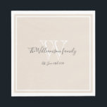 Newlyweds Gift Monogram Script Namn Rustic Papper Pappersservett<br><div class="desc">Newlyweds Gift Monogram Script Namn Rustic Papper Napkins. Endast storlek Luncheon-standard är tillgänglig. Personligens vita monogramdesign med den nya lykta bruden och triomens efternamn och datum, som är tryckt i charkol-grått-bokstäver på en rik gräddbakgrund. En unik gåva till nygifta. Snyggt för deras nya liv tillsammans. Även en vacker hemmauppvärmningspregift. Klicka...</div>