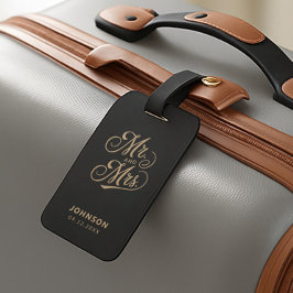 Newlyweds Guld Script Black Bröllop Bagagebricka