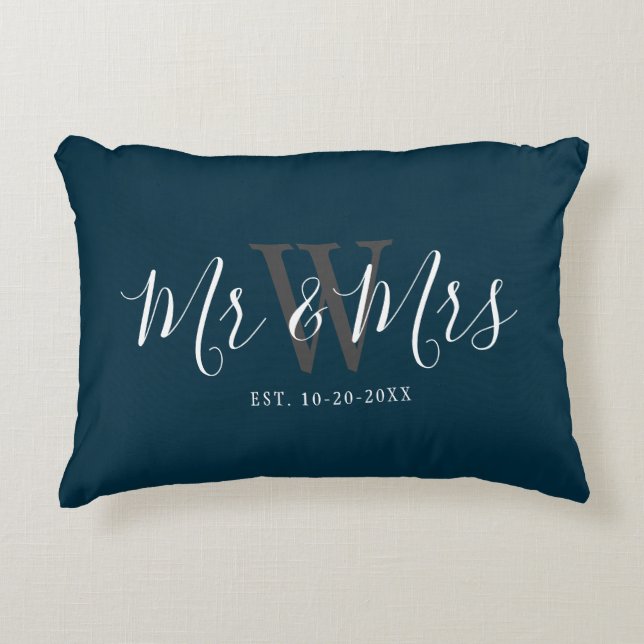 Newlyweds - Inledande av Blue Script Monogram Prydnadskudde (Framsidan)