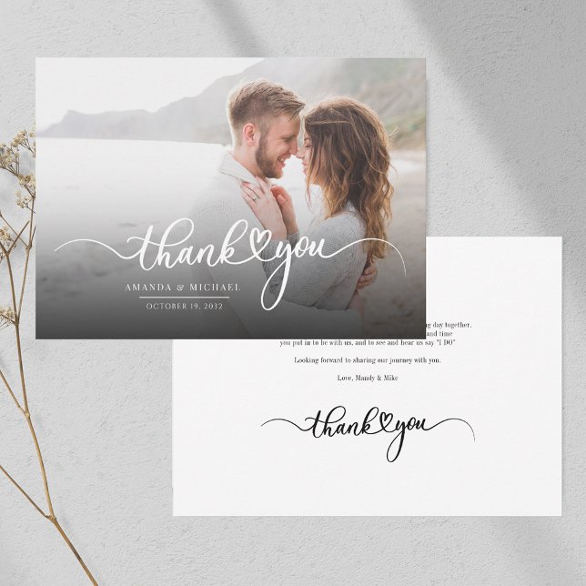 Newlyweds Modern Par Photo Tack Anteckningskort (Photo Wedding Thank You Script Card)
