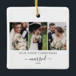 Newlyweds Photo Collage Första jul Julgransprydnad Keramik<br><div class="desc">Modern multifoto med flera bröllop tackkort för gästerna som kom upp för att stödja och fira din stora dag med dig. Lägg enkelt till dina favoritfoton,  namn av brud och triom,  datum och anpassningsbar och namnteckning på motsatt sida.</div>