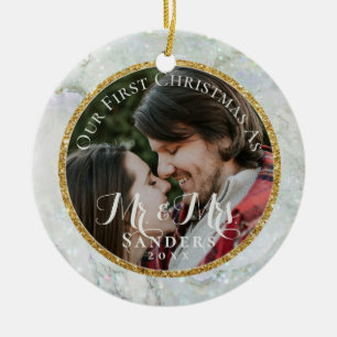 Newlyweds Photo Guld Glitter Marble Julgran Julgransprydnad Keramik
