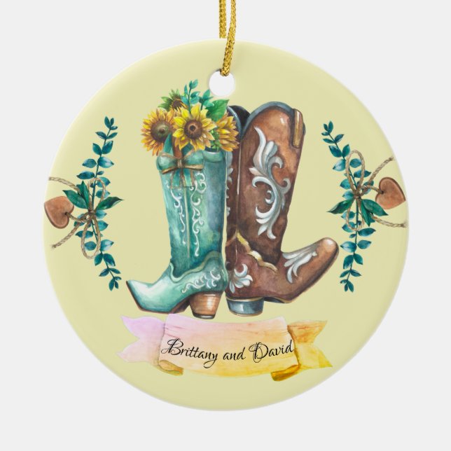 Newlyweds Rustic Bröllop CowboyBoots Watercolor Julgransprydnad Keramik (Framsidan)