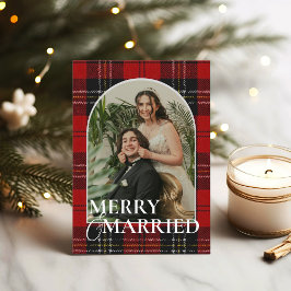 Newlyweds Rustic Modern Plaid Tartan Red Julkort