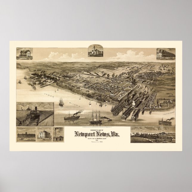 Newport News, VA Panoramic Karta - 1891 Poster (Framsidan)