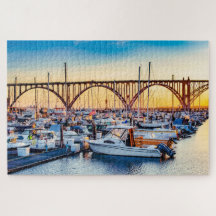 Newport Oregon Kusten Yaquina Bay Marina vid Sunse