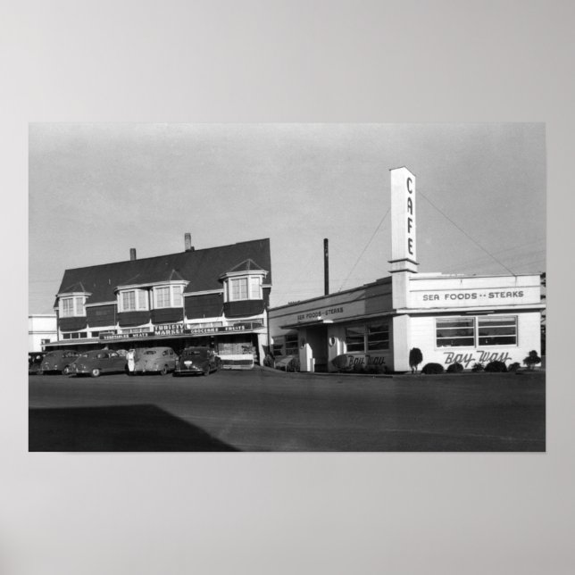 Newport, Oregon View of Bay Way Caf � Photograph Poster (Framsidan)