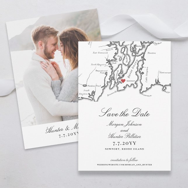 Newport Rhode island Elegant Black White Bröllop Spara Datumet (Newport RI Map Save the Date for an Elegant Black and White Wedding with Photo Back from Coastal Map)