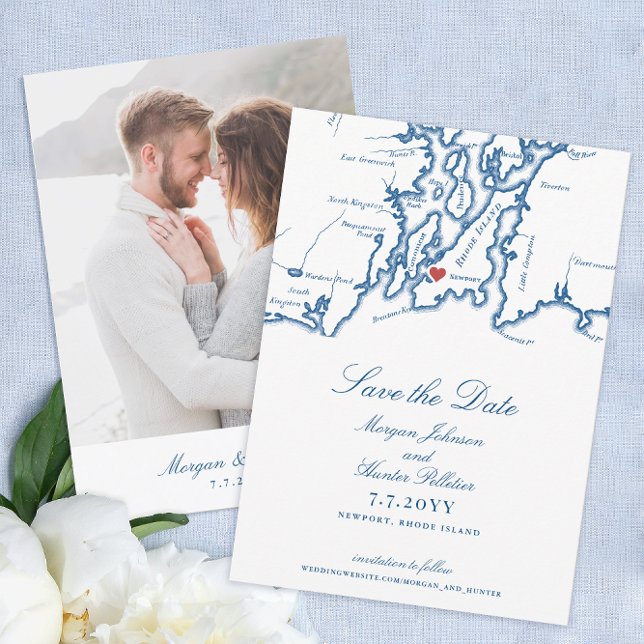 Newport Rhode island Elegant Navy Blue Bröllop Spara Datumet (Newport RI Map Wedding Save the Date with Photo in elegant navy blue from Coastal Map Designs)